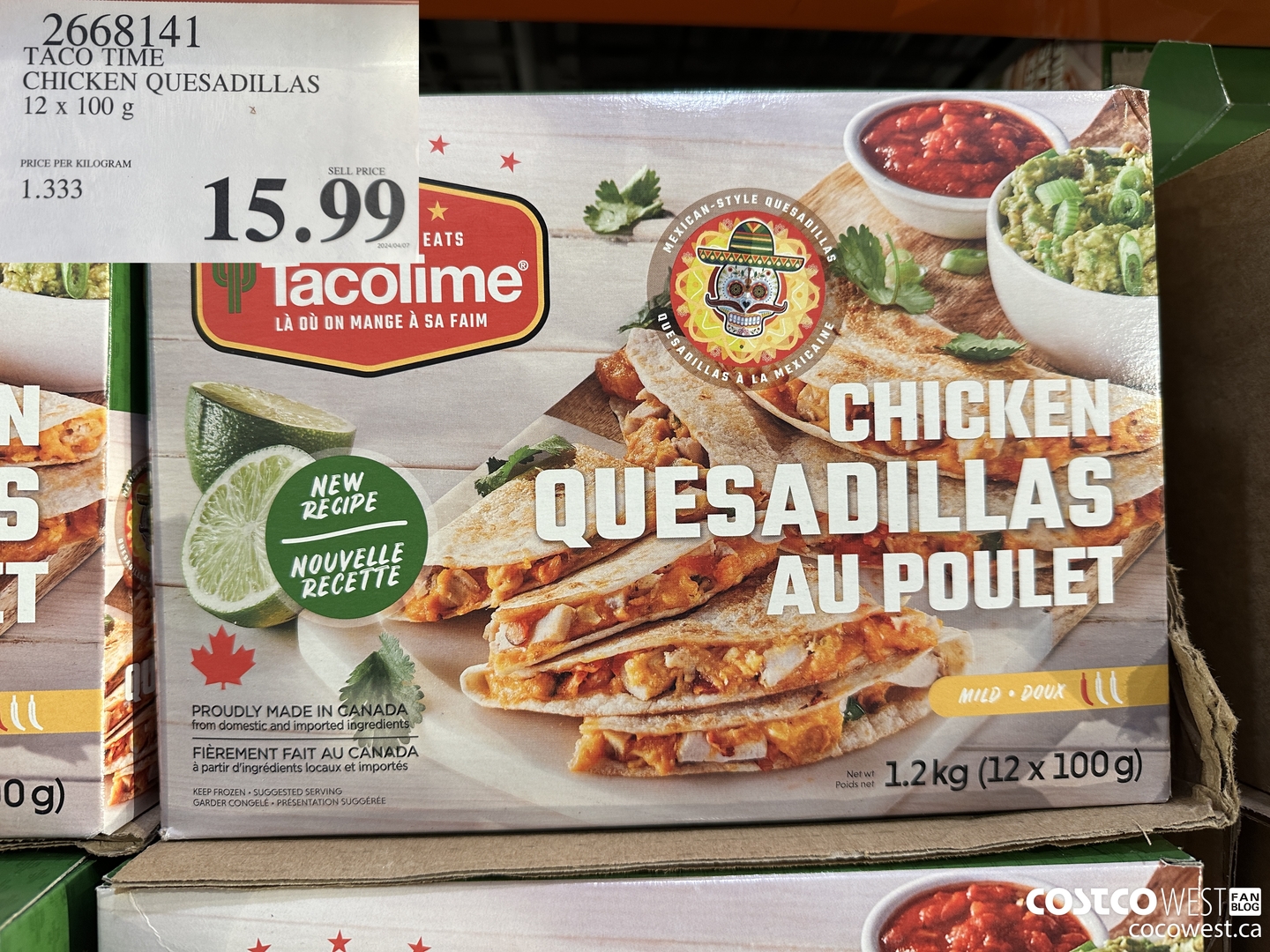 2668141 TACO TIME CHICKEN QUESADILLAS 12 X 100G $15.99