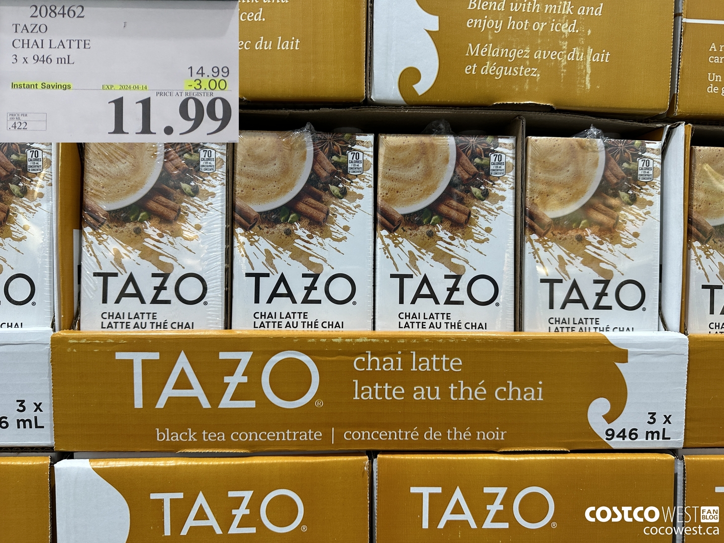 208462 TAZO CHAI LATTE 3 x 946 mL ($3.00 INSTANT SAVINGS EXPIRES ON 2024-04-14) $11.99