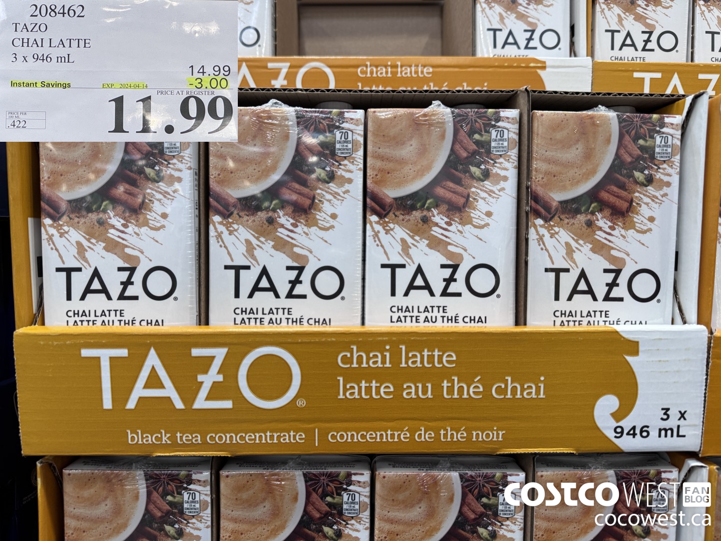 208462 TAZO CHAI LATTE 3 x 946 mL ($3.00 INSTANT SAVINGS EXPIRES ON 2024-04-14) $11.99