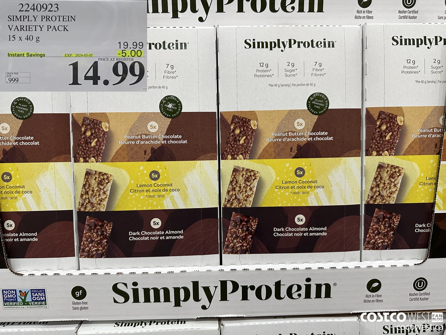 2240923 THE SIMPLY BAR PROTEIN BARS 15 x 40 g ($5.00 INSTANT SAVINGS EXPIRES ON 2024-05-05) $14.99