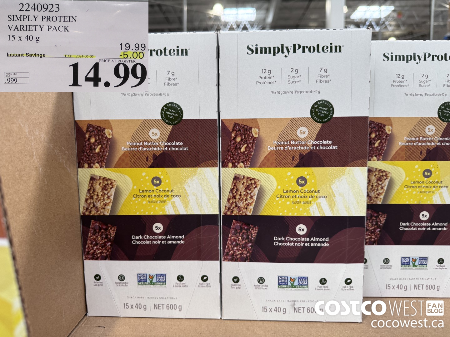 2240923 THE SIMPLY BAR PROTEIN BARS 15 x 40 g ($5.00 INSTANT SAVINGS EXPIRES ON 2024-05-05) $14.99