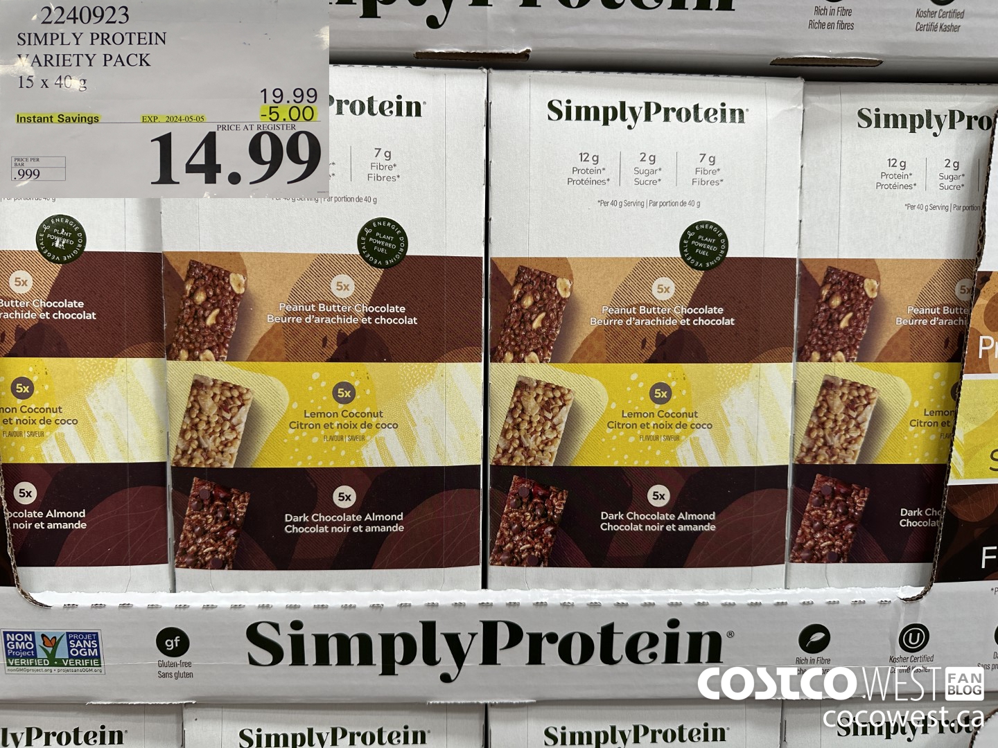 2240923 THE SIMPLY BAR PROTEIN BARS 15 x 40 g ($5.00 INSTANT SAVINGS EXPIRES ON 2024-05-05) $14.99