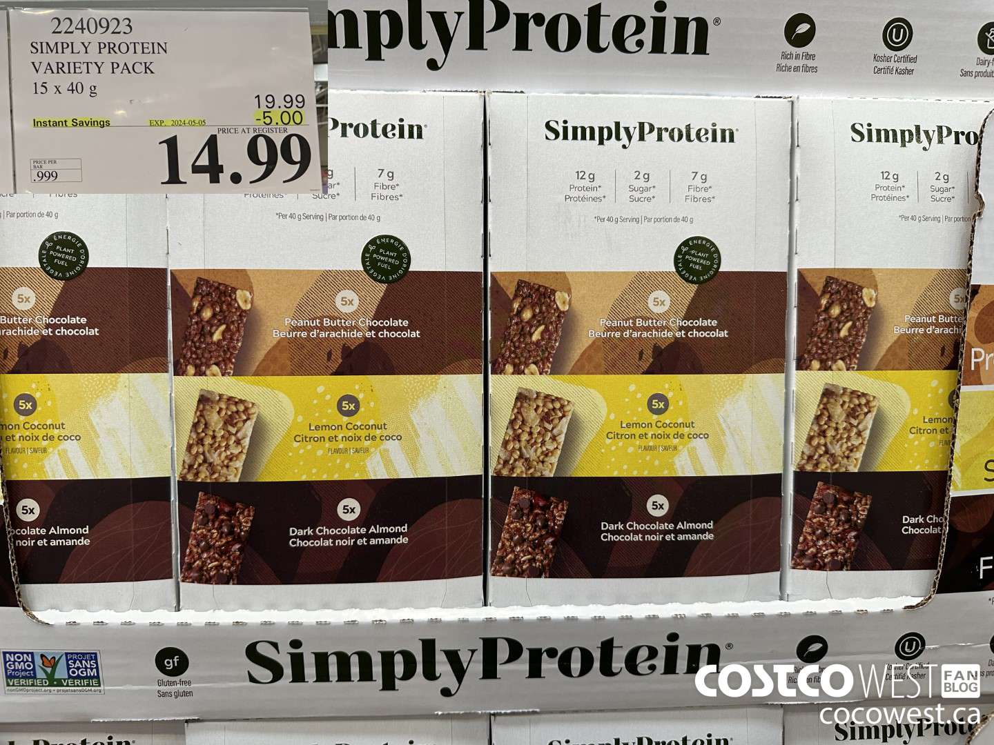 2240923 THE SIMPLY BAR PROTEIN BARS 15 x 40 g ($5.00 INSTANT SAVINGS EXPIRES ON 2024-05-05) $14.99