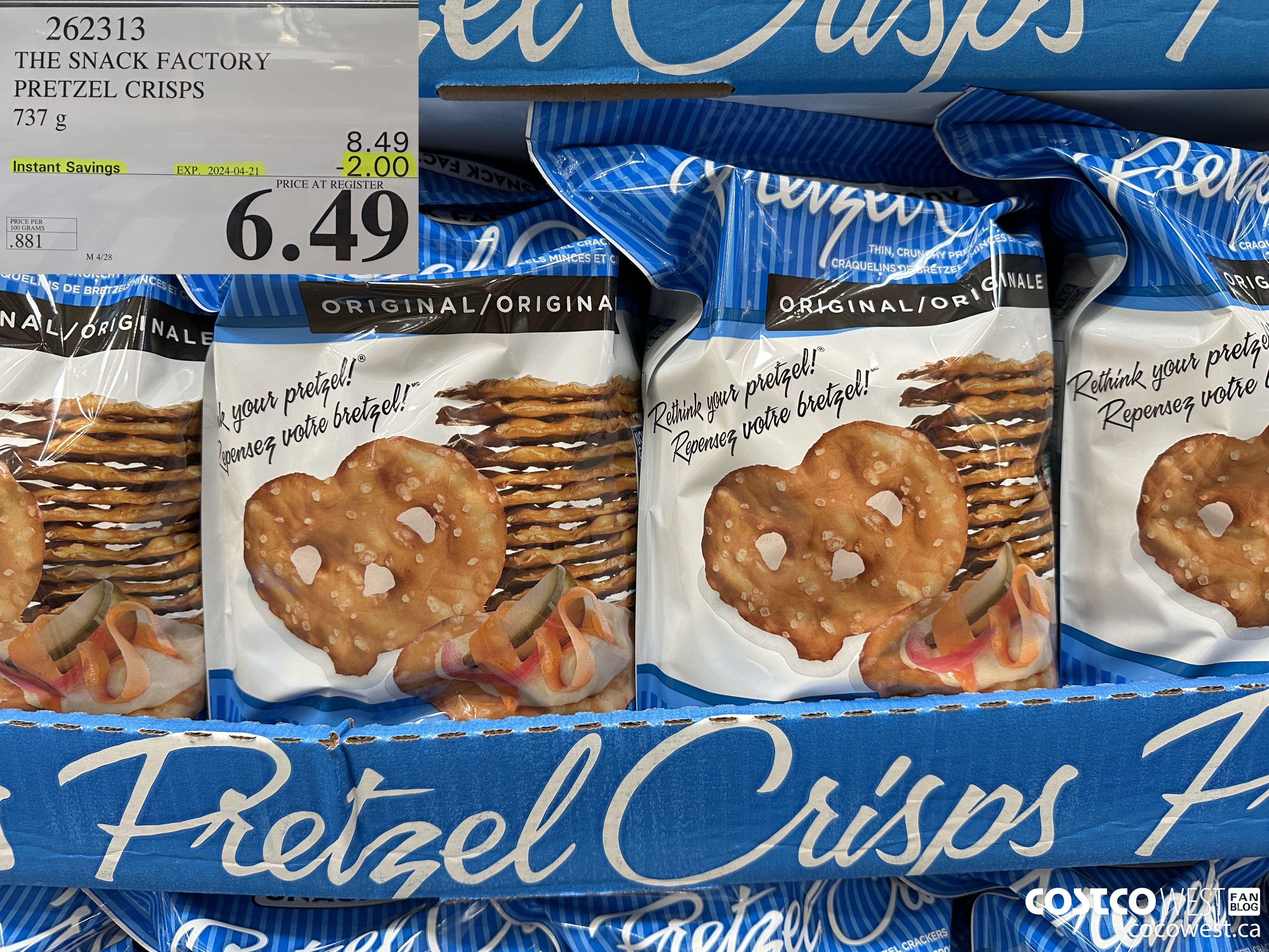 262313 THE SNACK FACTORY PRETZEL CRISPS 737 g ($2.00 INSTANT SAVINGS EXPIRES ON 2024-04-21) $6.49