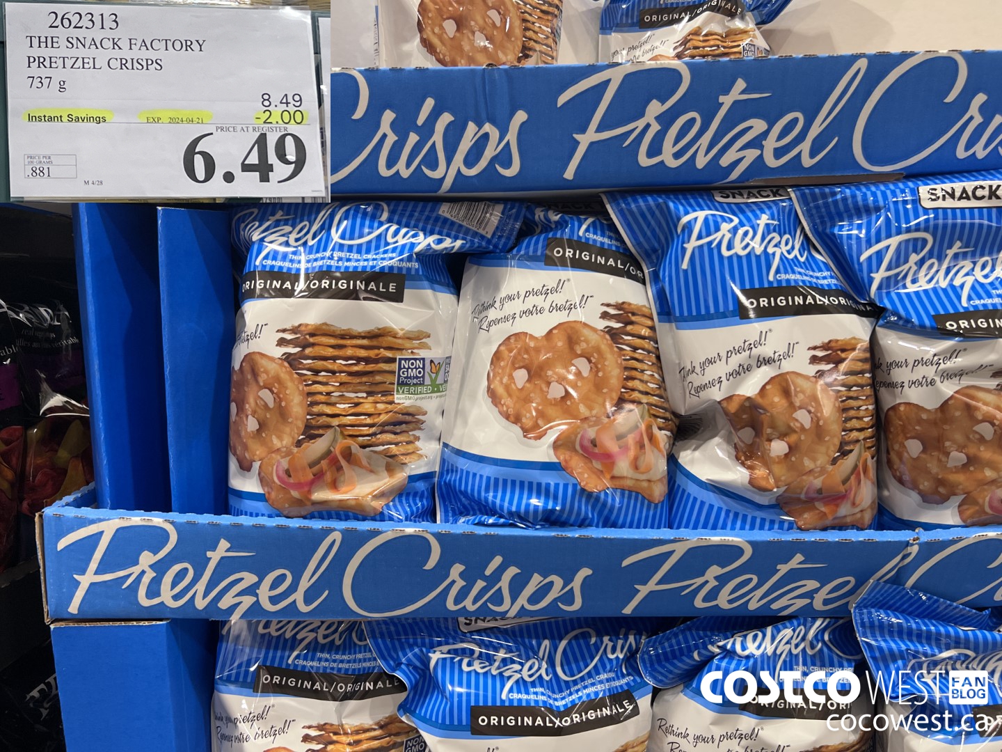 262313 THE SNACK FACTORY PRETZEL CRISPS 737 g ($2.00 INSTANT SAVINGS EXPIRES ON 2024-04-21) $6.49
