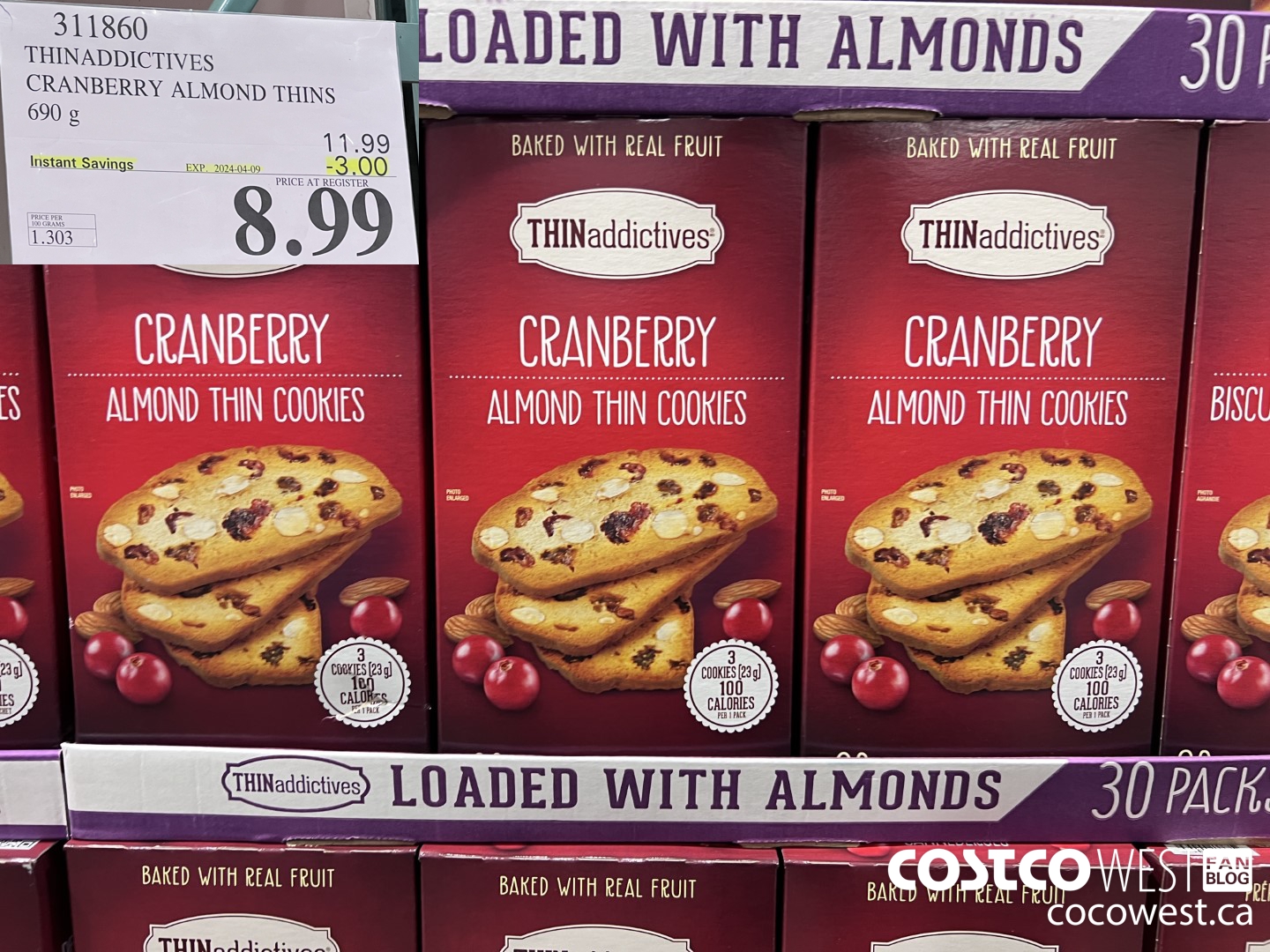 311860 THINADDICTIVES CRANBERRY ALMOND THINS 690G ($3.00 INSTANT SAVINGS EXPIRES ON 2024-04-09) $8.99