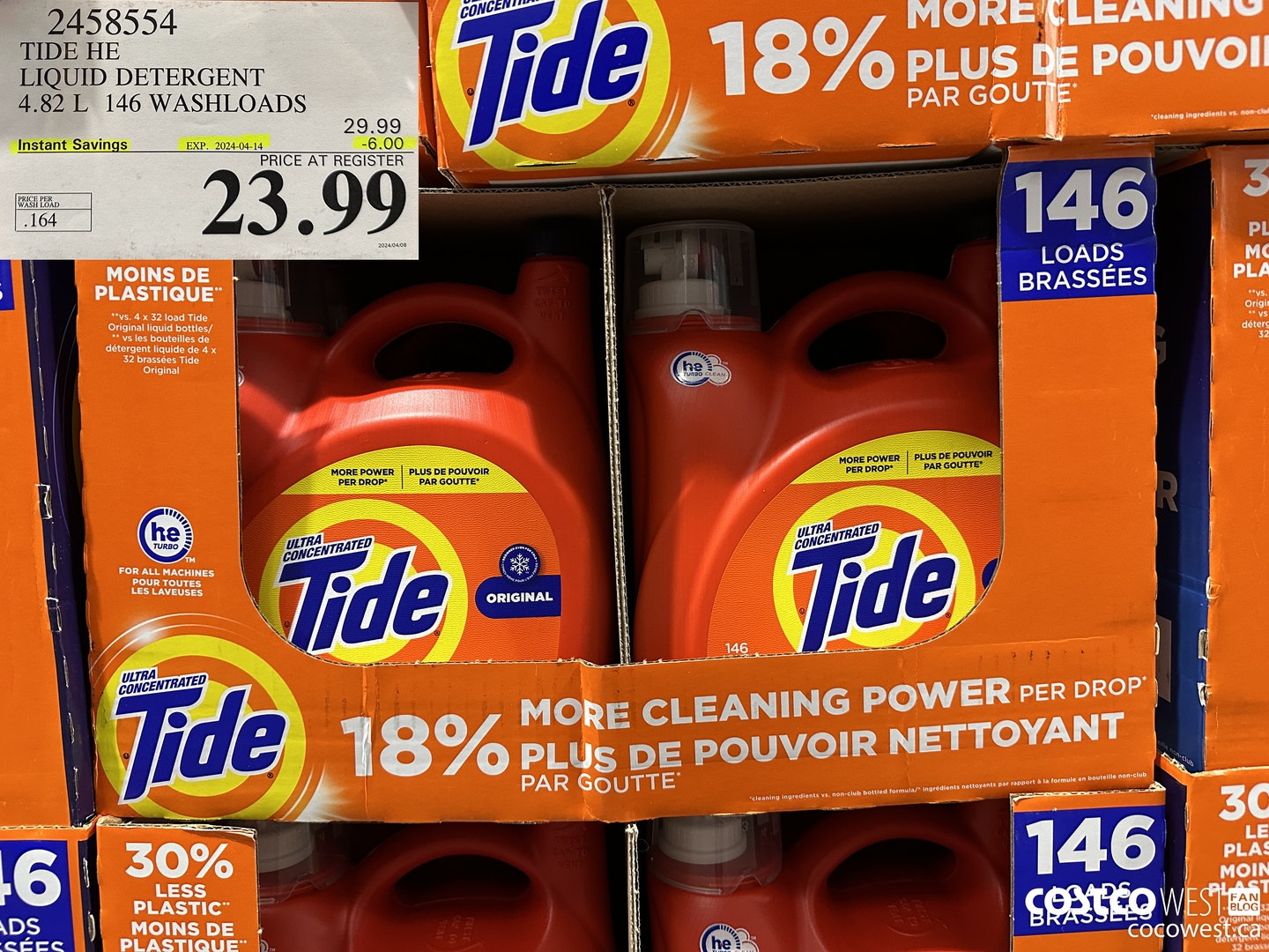 2458554 TIDE HE LIQUID DETERGENT 4.82 L 146 WASHLOADS ($6.00 INSTANT SAVINGS EXPIRES ON 2024-04-14) $23.99