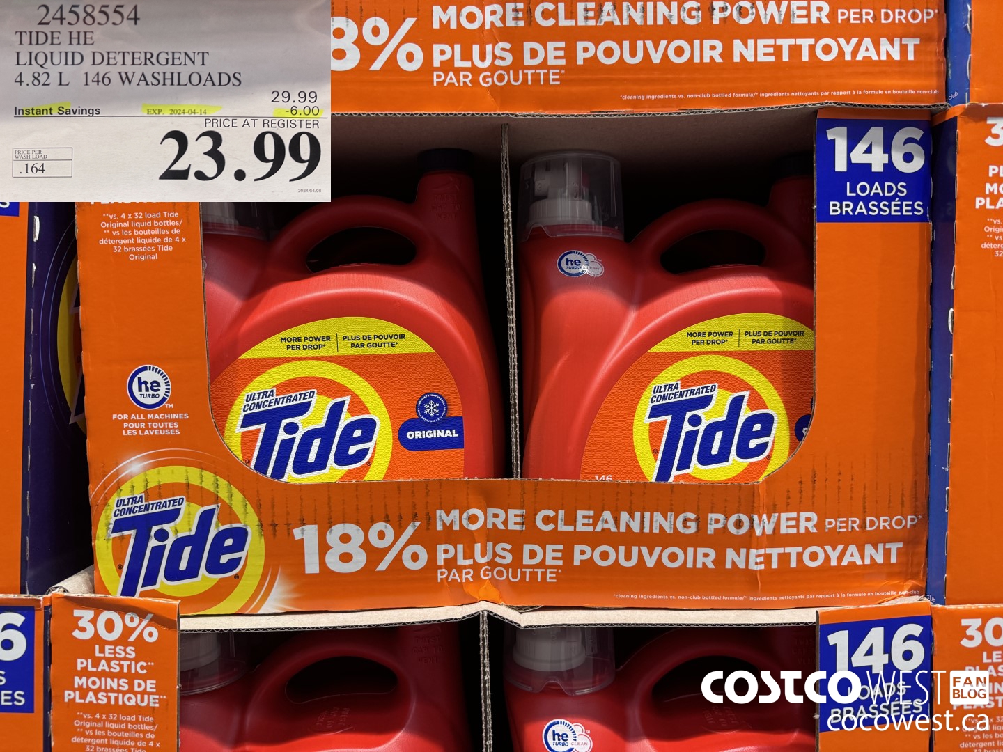 2458554 TIDE HE LIQUID DETERGENT 4.82 L 146 WASHLOADS ($6.00 INSTANT SAVINGS EXPIRES ON 2024-04-14) $23.99