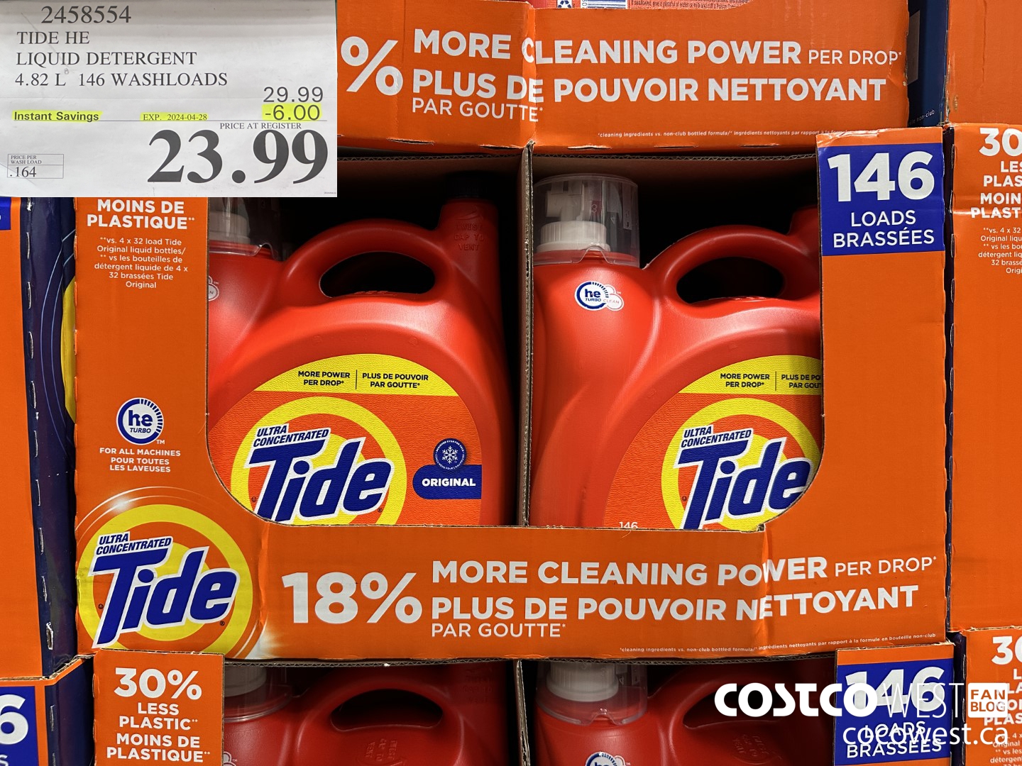 2458554 TIDE HE LIQUID DETERGENT 4.82 L 146 WASHLOADS ($6.00 INSTANT SAVINGS EXPIRES ON 2024-04-28) $23.99