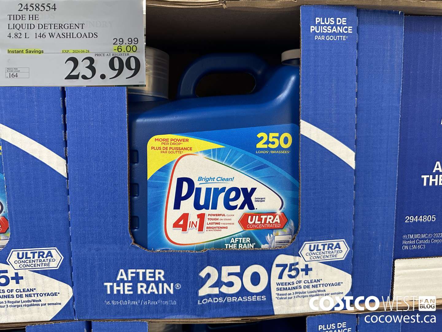 2458554 TIDE HE LIQUID DETERGENT 4.82 L 146 WASHLOADS ($6.00 INSTANT SAVINGS EXPIRES ON 2024-04-28) $23.99