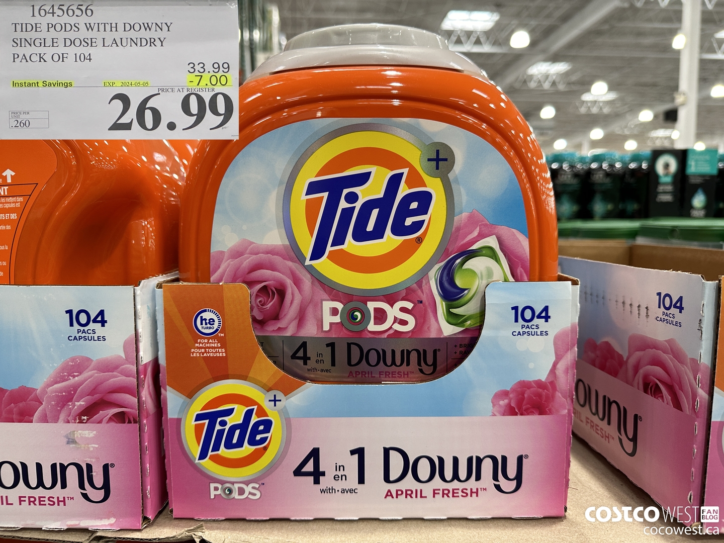 1645656 TIDE PODS WITH DOWNY SINGLE DOSE LAUNDRY 104 PACS ($7.00 INSTANT SAVINGS EXPIRES ON 2024-05-05) $26.99