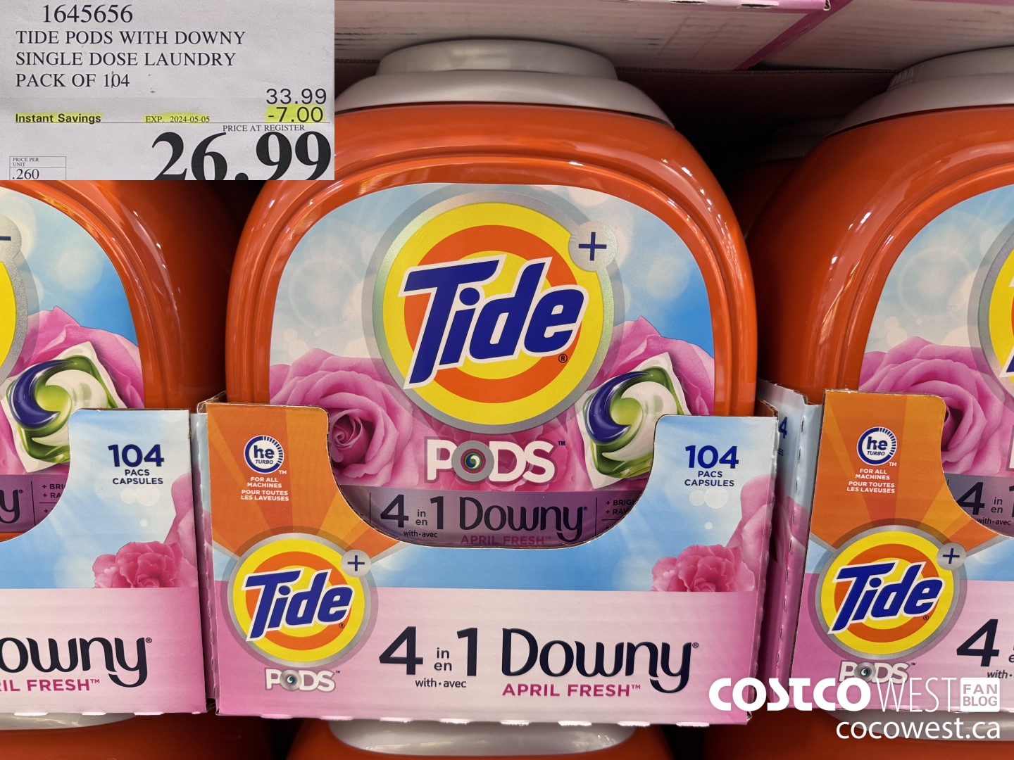 1645656 TIDE PODS WITH DOWNY SINGLE DOSE LAUNDRY 104 PACS ($7.00 INSTANT SAVINGS EXPIRES ON 2024-05-05) $26.99