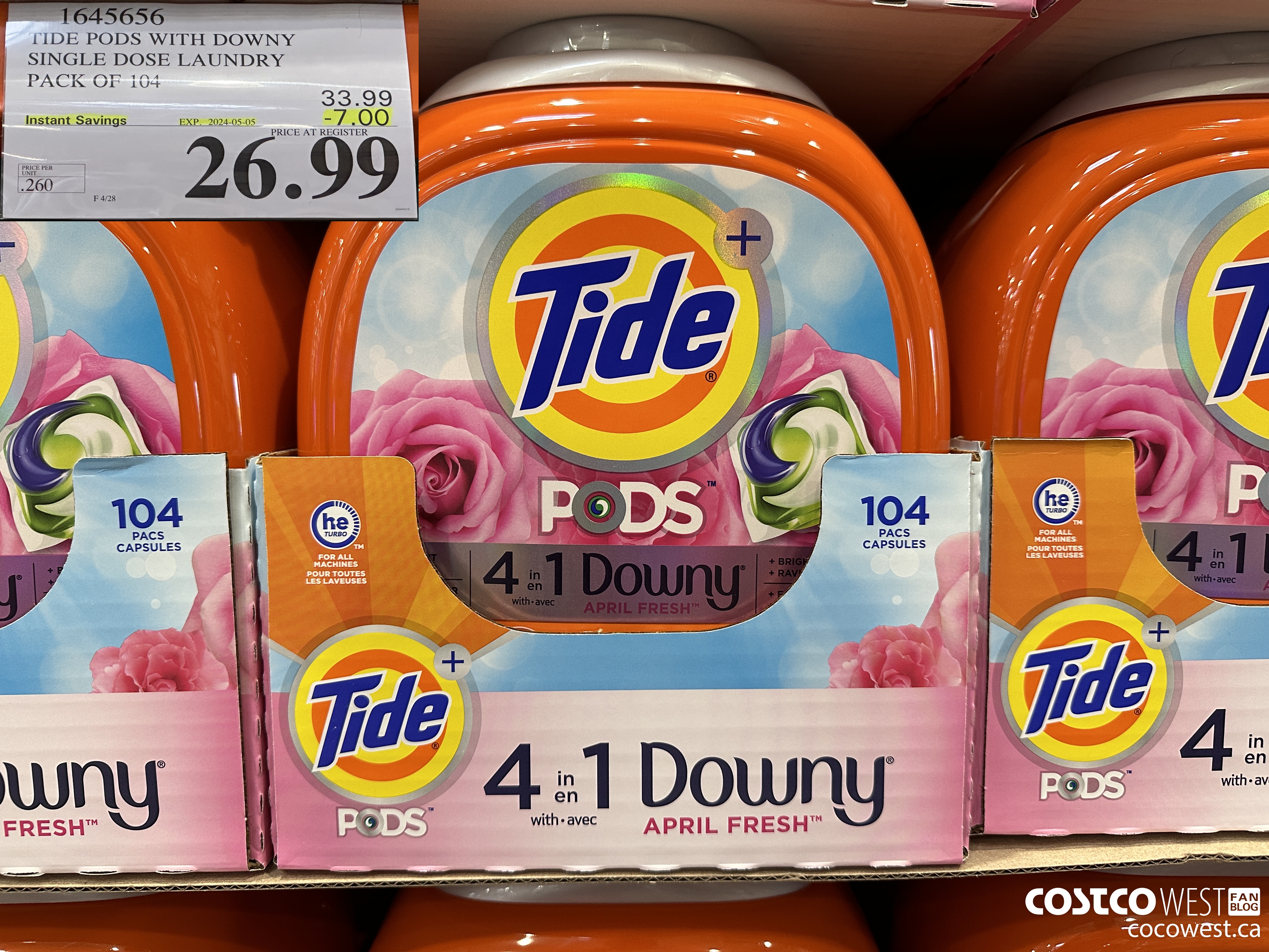 1645656 TIDE PODS WITH DOWNY SINGLE DOSE LAUNDRY 104 PACS ($7.00 INSTANT SAVINGS EXPIRES ON 2024-05-05) $26.99