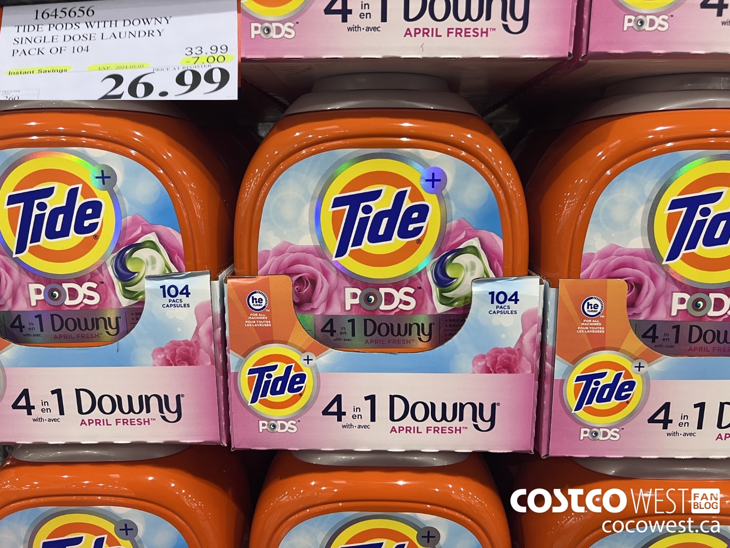 1645656 TIDE PODS WITH DOWNY SINGLE DOSE LAUNDRY 104 PACS ($7.00 INSTANT SAVINGS EXPIRES ON 2024-05-05) $26.99