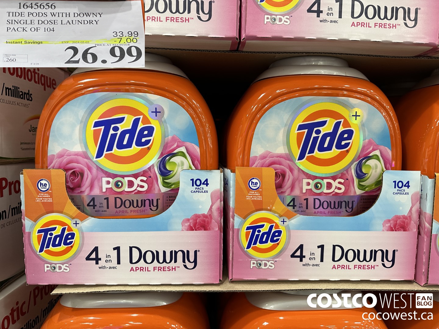 1645656 TIDE PODS WITH DOWNY SINGLE DOSE LAUNDRY 104 PACS ($7.00 INSTANT SAVINGS EXPIRES ON 2024-05-05) $26.99