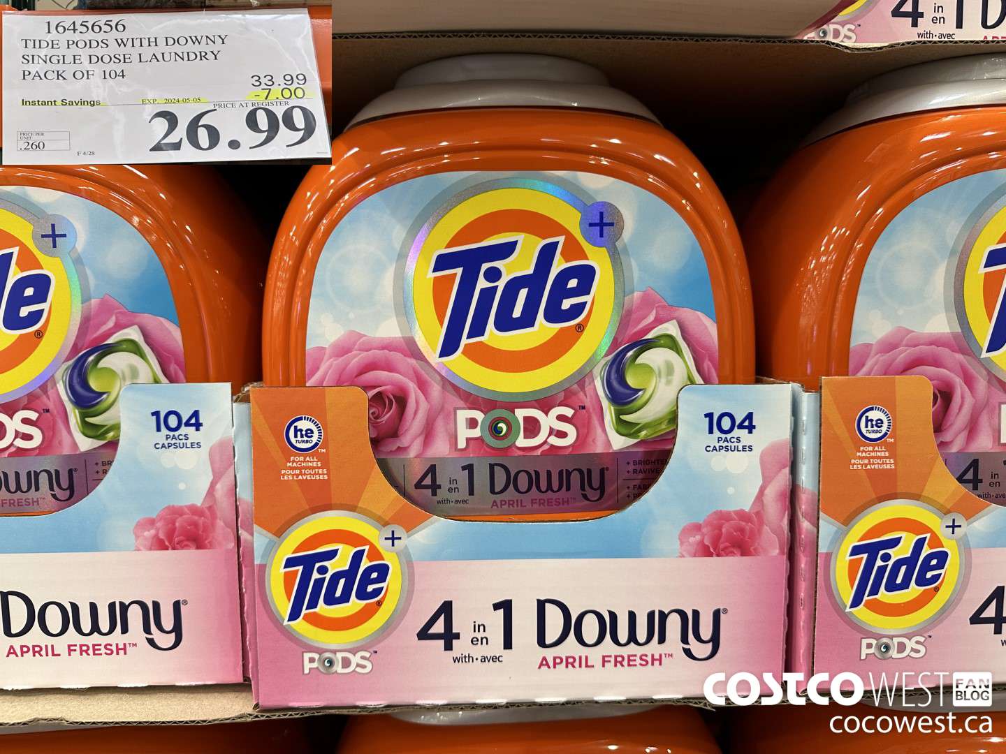 1645656 TIDE PODS WITH DOWNY SINGLE DOSE LAUNDRY 104 PACS ($7.00 INSTANT SAVINGS EXPIRES ON 2024-05-05) $26.99