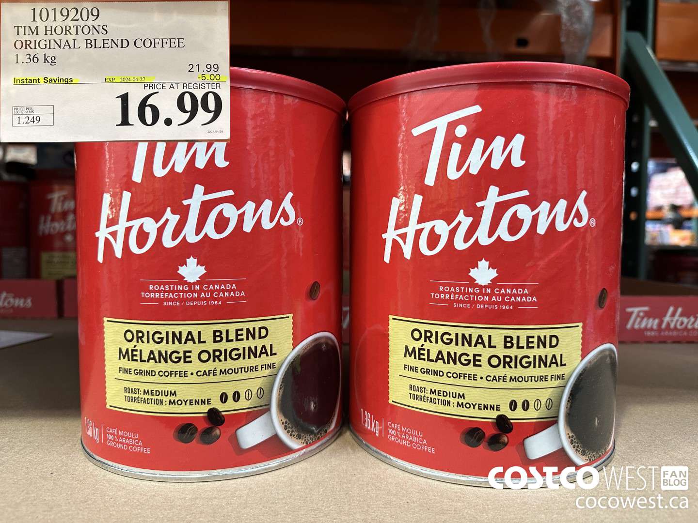 1019209 TIM HORTONS ORIGINAL BLEND COFFEE 1.36 KG ($5.00 INSTANT SAVINGS EXPIRES ON 2024-04-27) $16.99