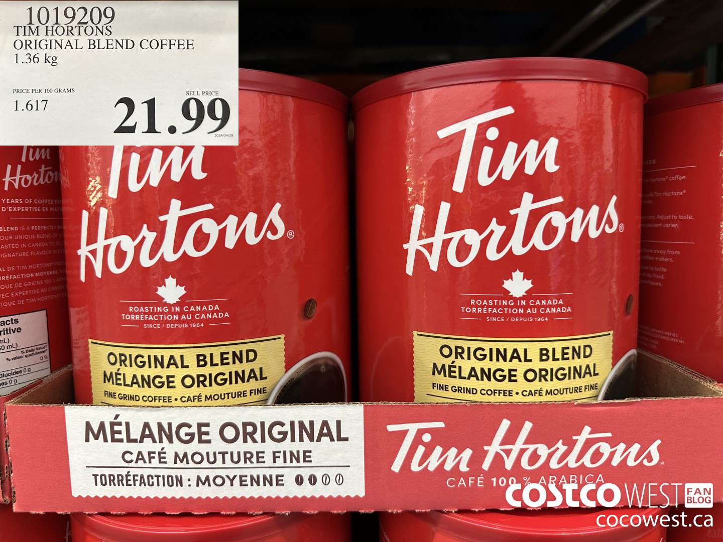 1019209 TIM HORTONS ORIGINAL BLEND COFFEE 1.36 KG $21.99