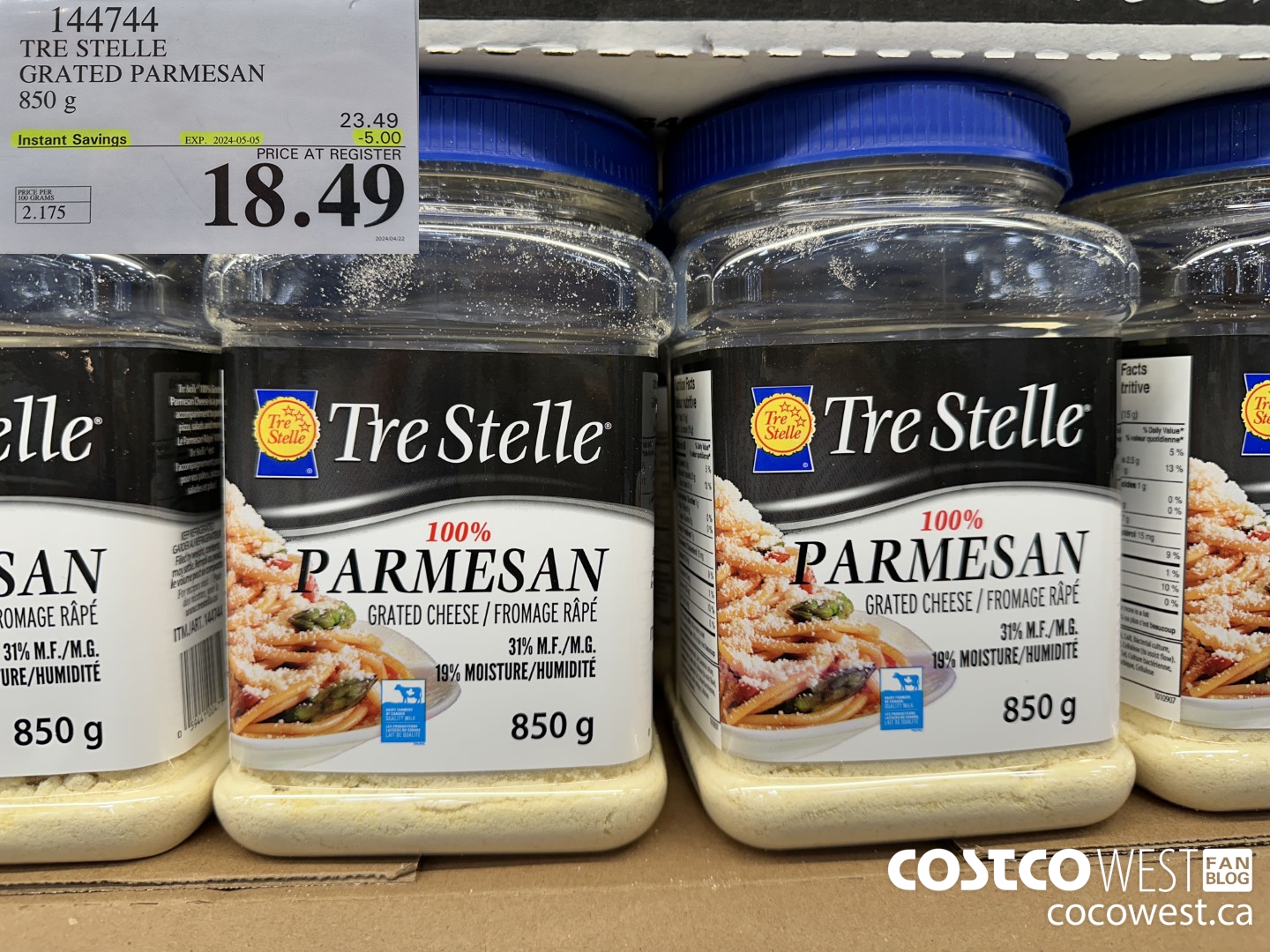 144744 TRE STELLE GRATED PARMESAN 850 g ($5.00 INSTANT SAVINGS EXPIRES ON 2024-05-05) $18.49