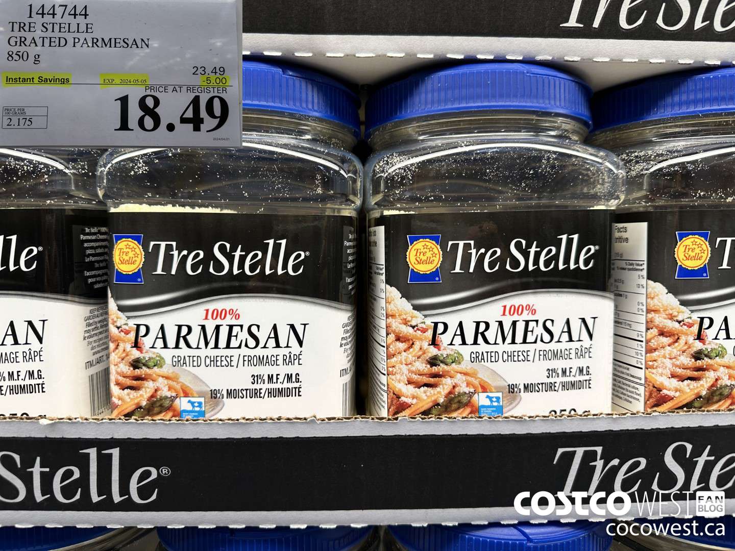 144744 TRE STELLE GRATED PARMESAN 850 g ($5.00 INSTANT SAVINGS EXPIRES ON 2024-05-05) $18.49