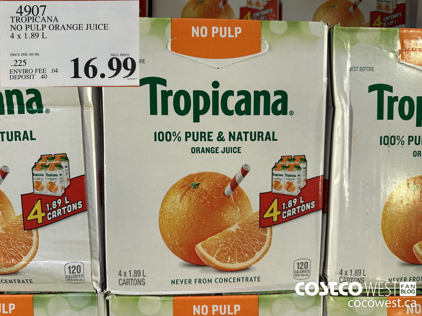 4907 TROPICANA NO PULP ORANGE JUICE 4 X 1.89 L $16.99