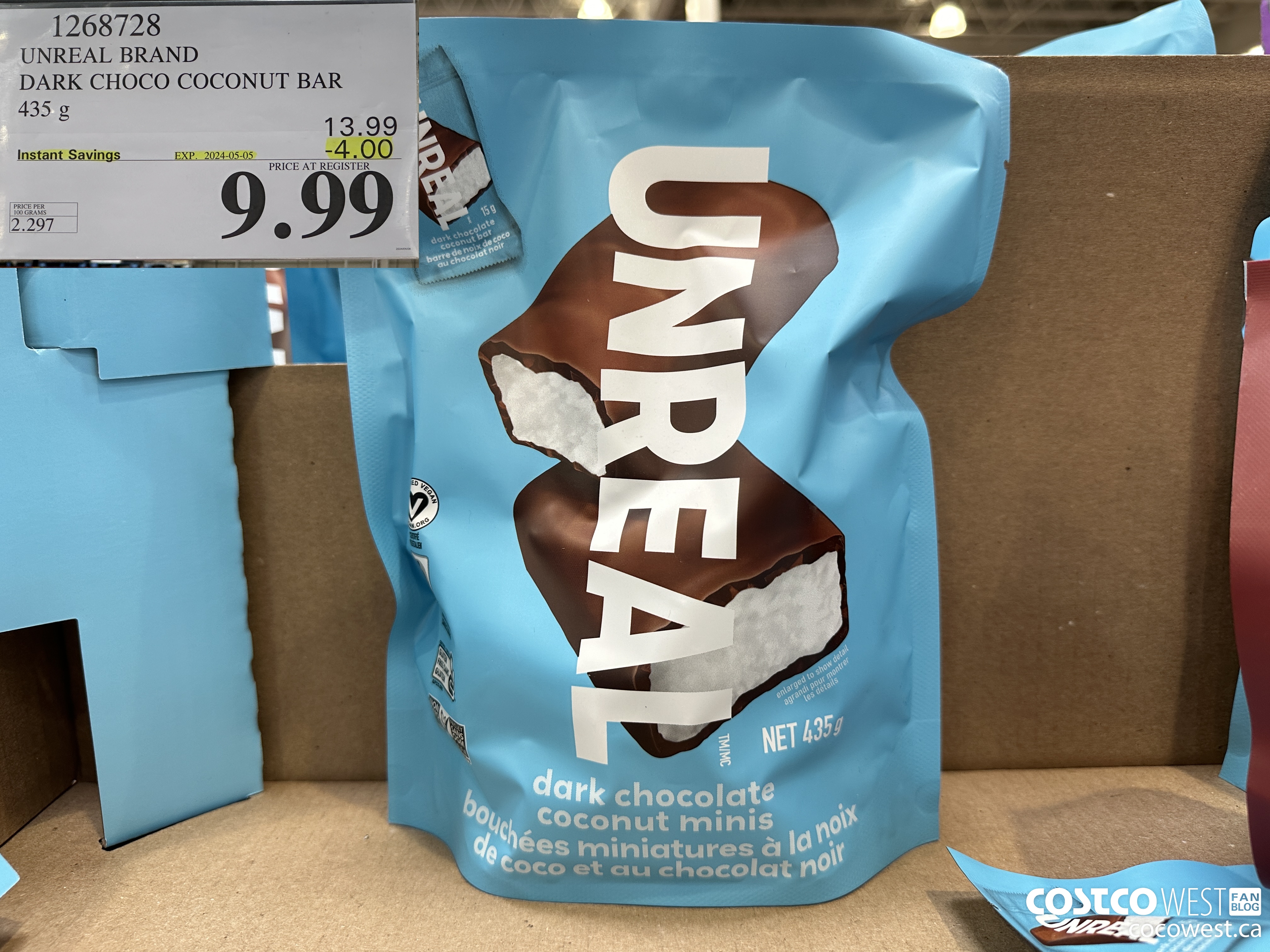 1268728 UNREAL DARK CHOCOLATE COCONUT BAR 435 G 2024-07 ($4.00 INSTANT SAVINGS EXPIRES ON 2023-05-05) $9.99
