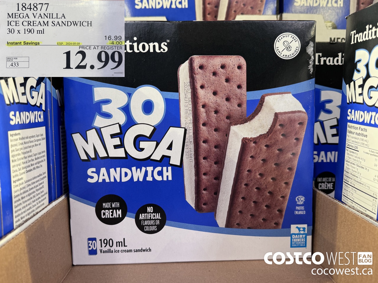 184877 VANILLA MEGA ICE CREAM SANDWICH 30 X 190 ML ($4.00 INSTANT SAVINGS EXPIRES ON 2024-05-05) $12.99