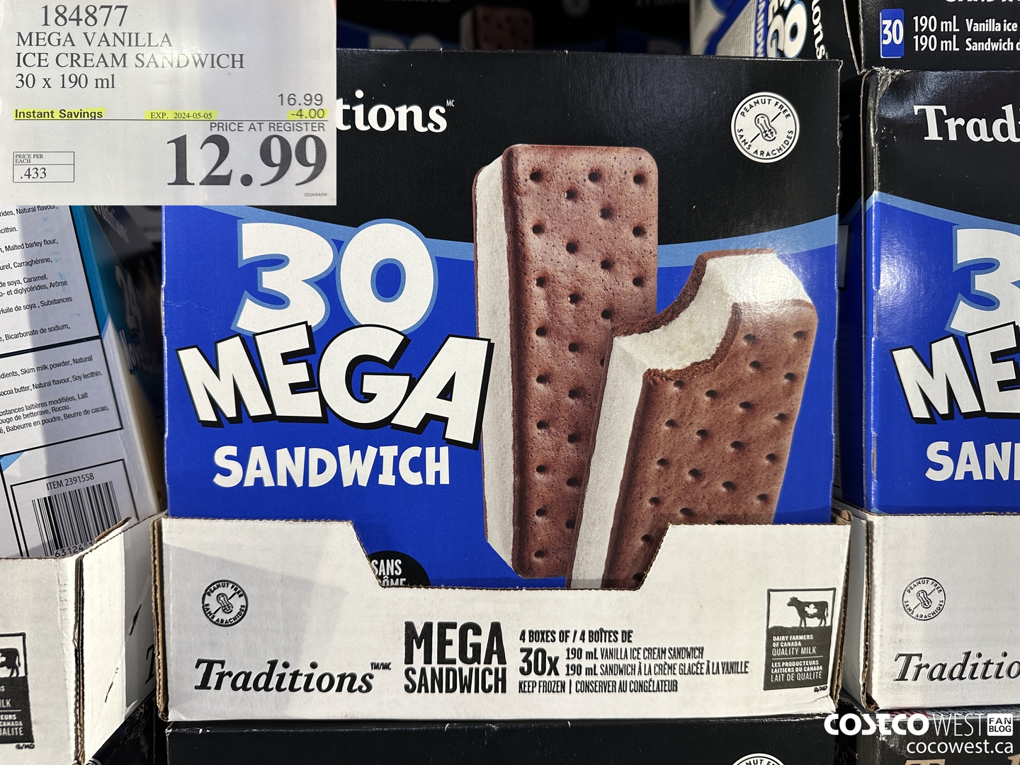 184877 VANILLA MEGA ICE CREAM SANDWICH 30 X 190 ML ($4.00 INSTANT SAVINGS EXPIRES ON 2024-05-05) $12.99