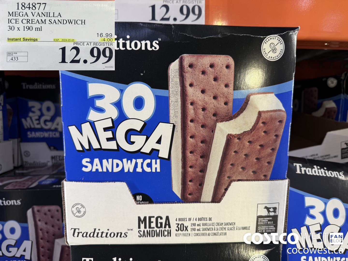 184877 VANILLA MEGA ICE CREAM SANDWICH 30 X 190 ML ($4.00 INSTANT SAVINGS EXPIRES ON 2024-05-05) $12.99