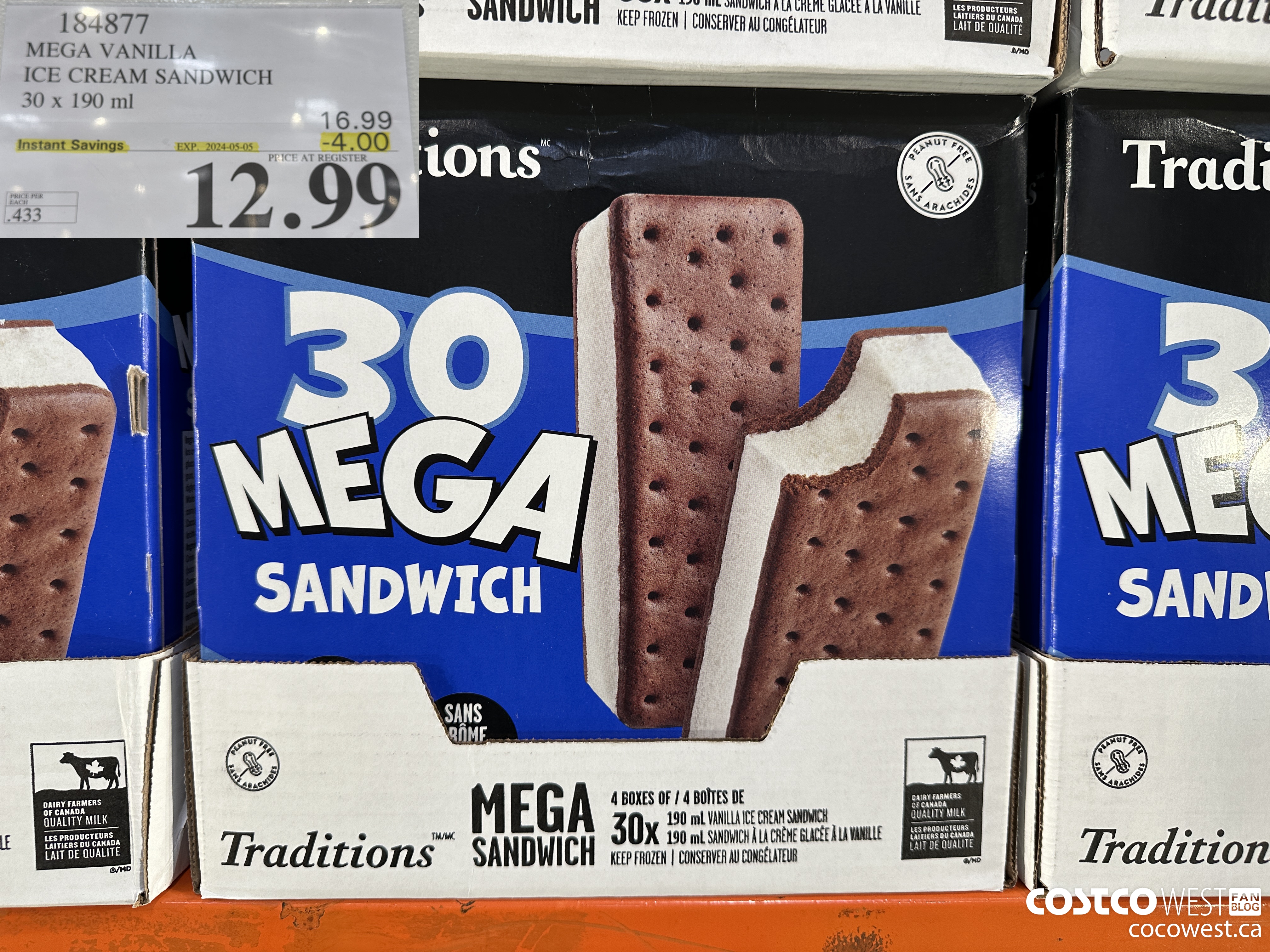 184877 VANILLA MEGA ICE CREAM SANDWICH 30 X 190 ML ($4.00 INSTANT SAVINGS EXPIRES ON 2024-05-05) $12.99
