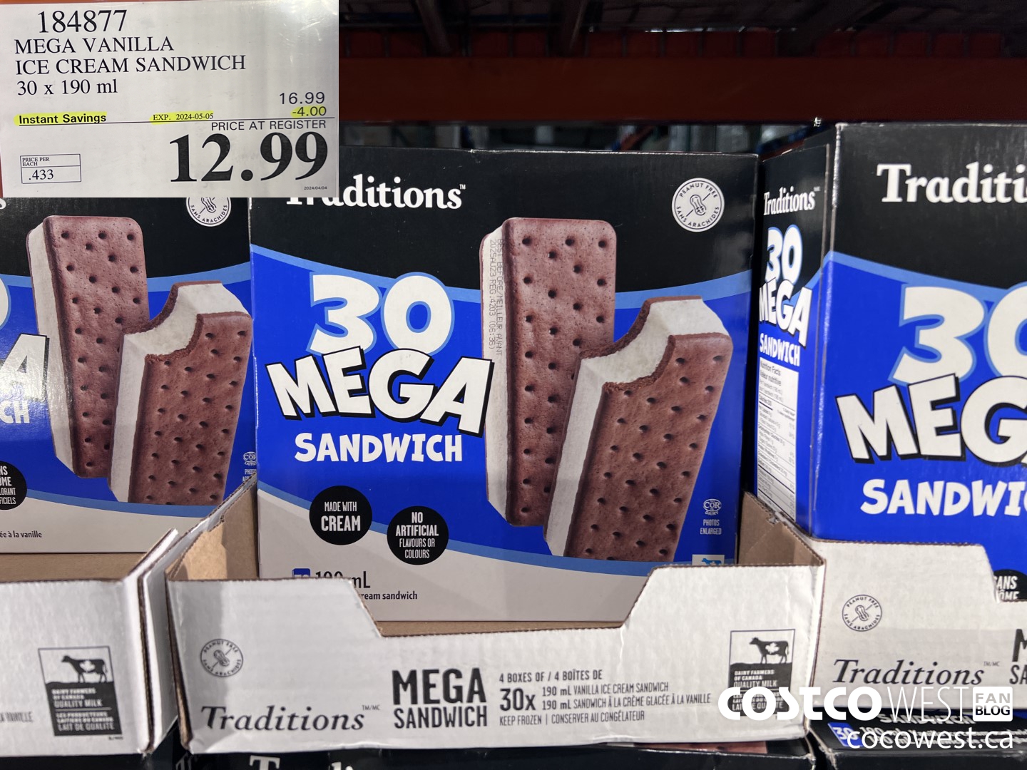 184877 VANILLA MEGA ICE CREAM SANDWICH 30 X 190 ML ($4.00 INSTANT SAVINGS EXPIRES ON 2024-05-05) $12.99