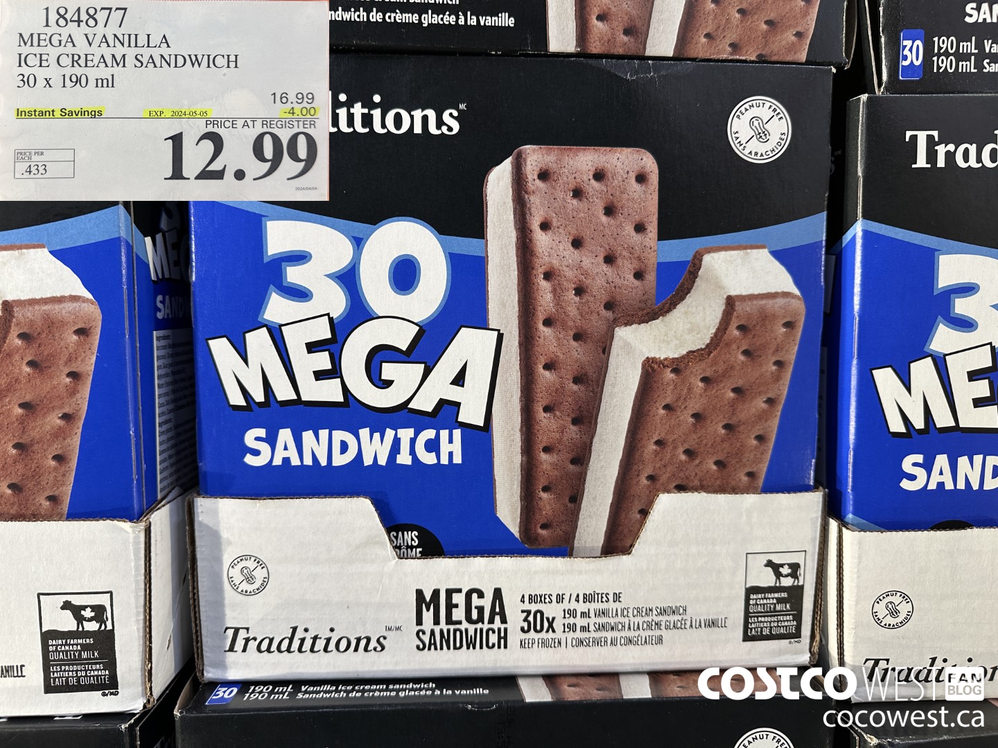 184877 VANILLA MEGA ICE CREAM SANDWICH 30 X 190 ML ($4.00 INSTANT SAVINGS EXPIRES ON 2024-05-05) $12.99