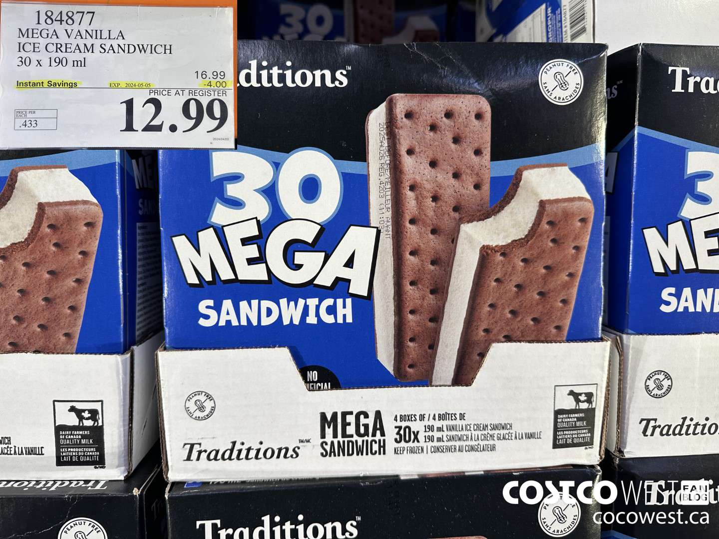 184877 VANILLA MEGA ICE CREAM SANDWICH 30 X 190 ML ($4.00 INSTANT SAVINGS EXPIRES ON 2024-05-05) $12.99