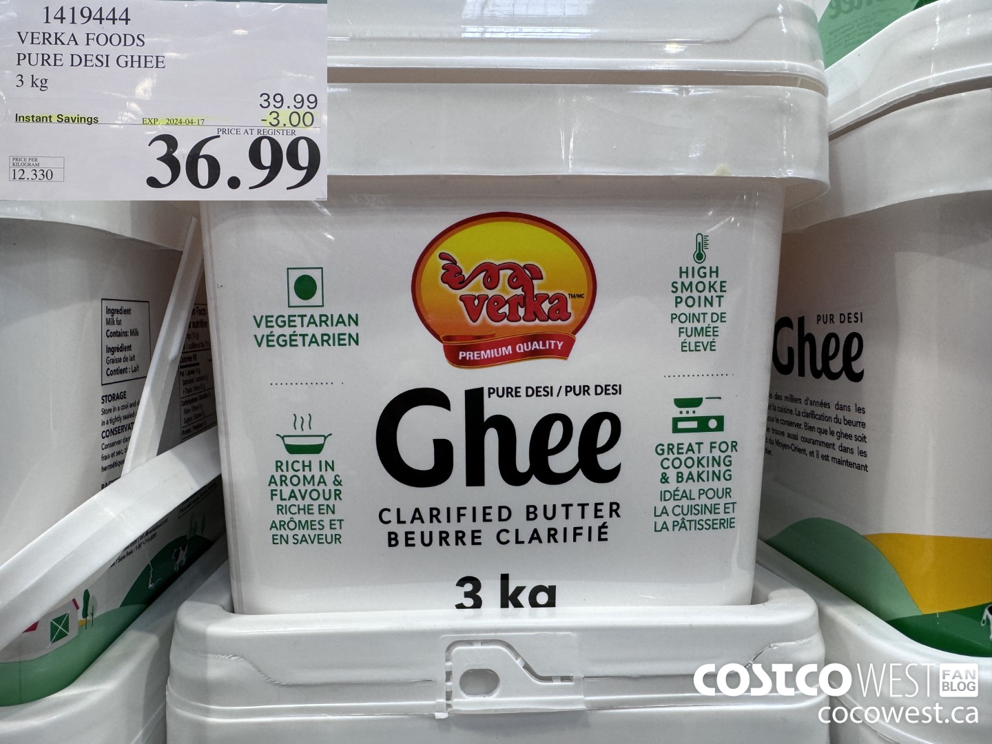 1419444 VERKA FOODS PURE DESI GHEE 3 kg ($3.00 INSTANT SAVINGS EXPIRES ON 2024-04-17) $36.99