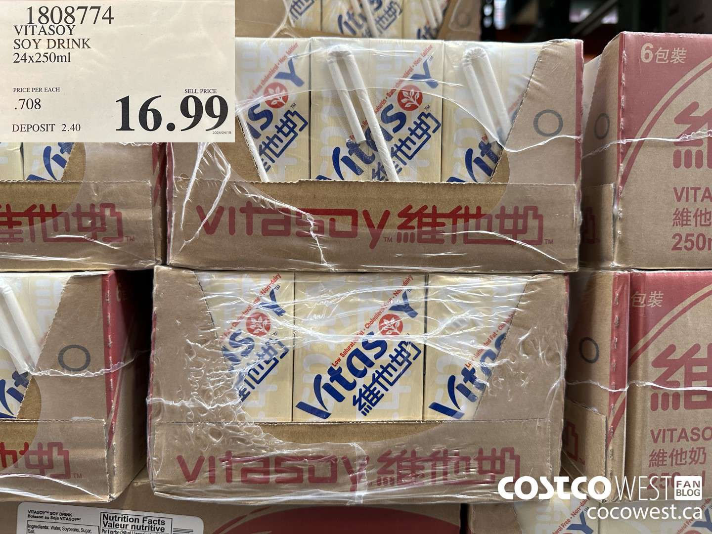 1808774 VITASOY SOY DRINK 24 X 250 ML $16.99