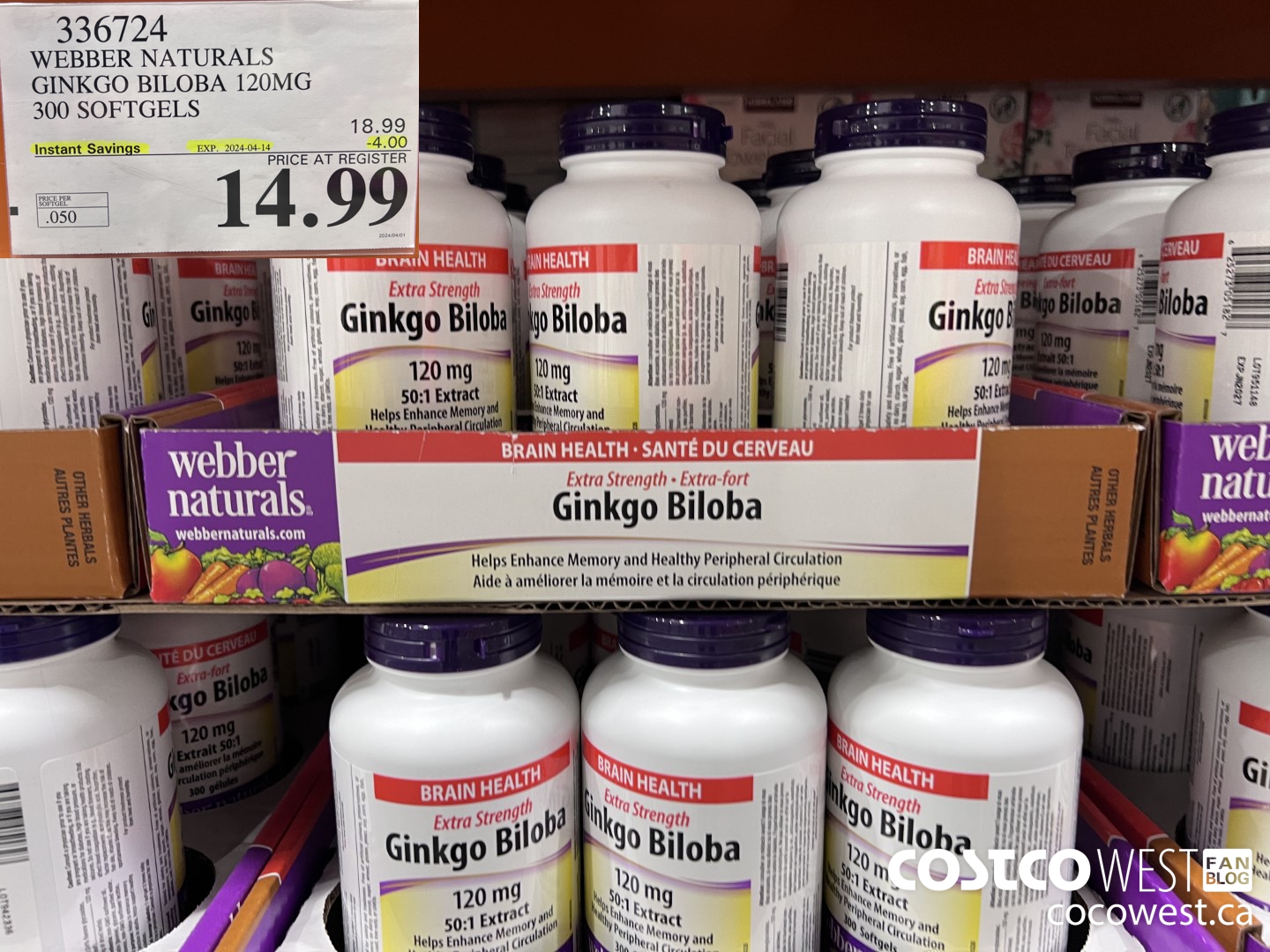 336724 WEBBER NATURALS GINKGO BILOBA 120MG 300 SOFTGELS ($4.00 INSTANT SAVINGS EXPIRES ON 2024-04-14) $14.99