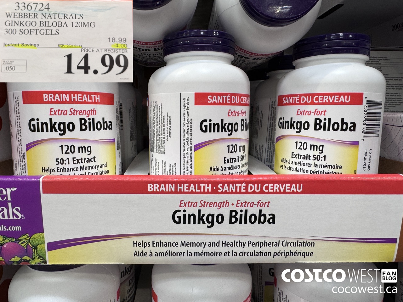 336724 WEBBER NATURALS GINKGO BILOBA 120MG 300 SOFTGELS ($4.00 INSTANT SAVINGS EXPIRES ON 2024-04-14) $14.99
