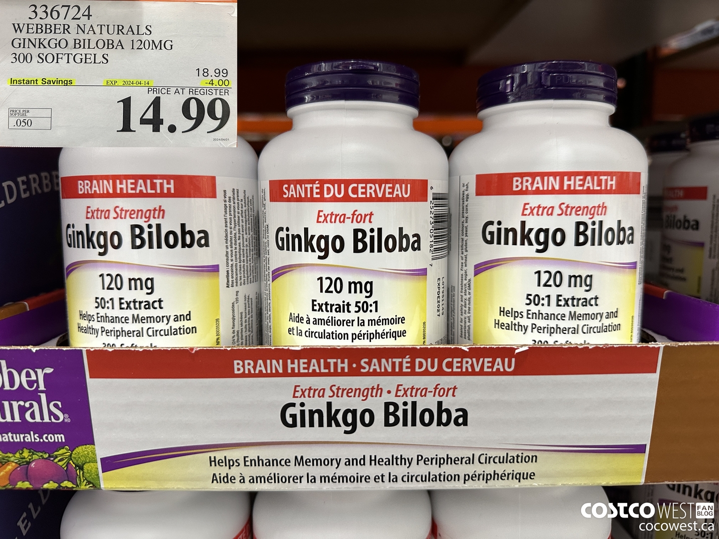 336724 WEBBER NATURALS GINKGO BILOBA 120MG 300 SOFTGELS ($4.00 INSTANT SAVINGS EXPIRES ON 2024-04-14) $14.99