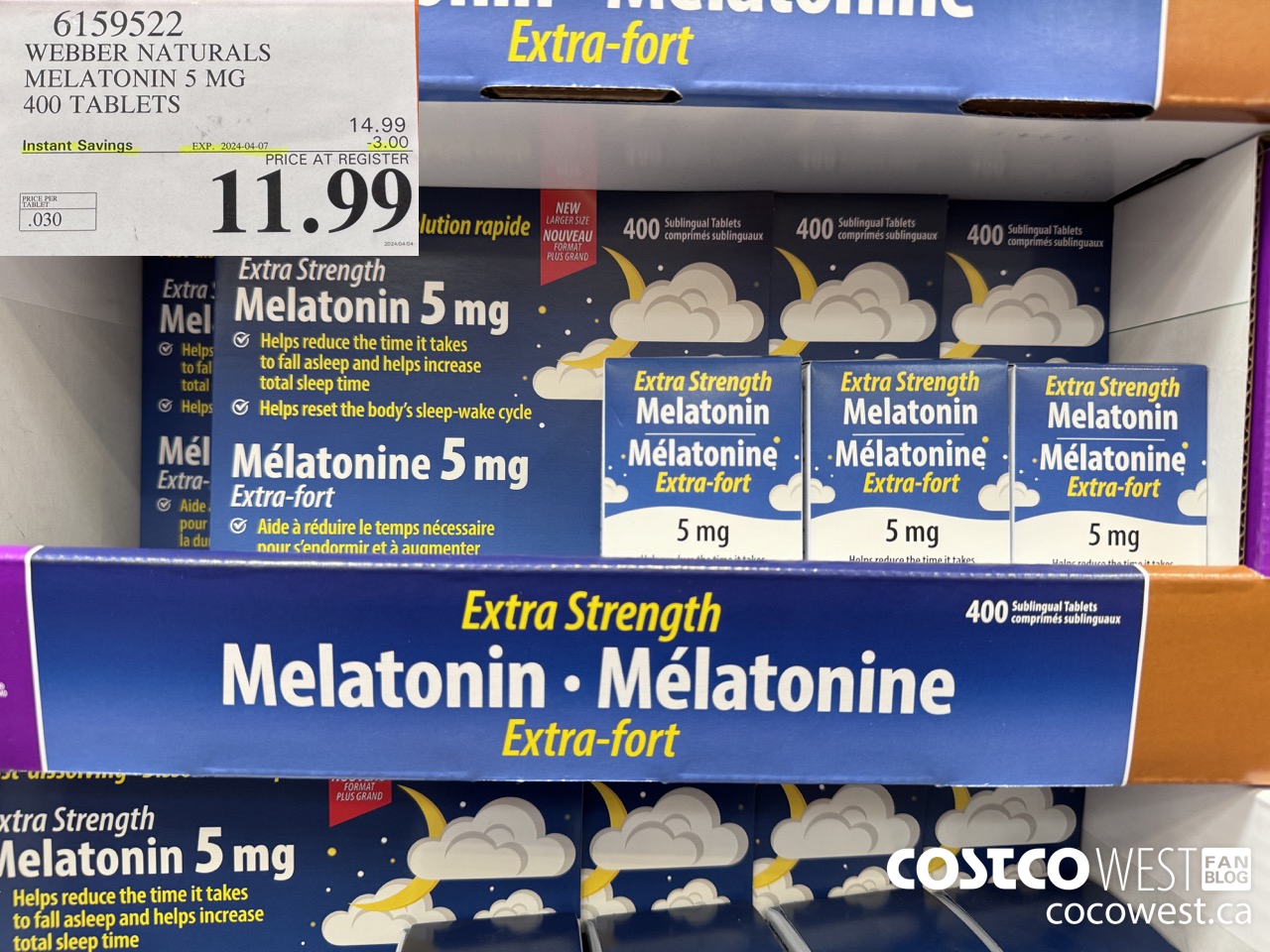 6159522 WEBBER NATURALS MELATONIN 5 MG 400 TABLETS ($3.00 INSTANT SAVINGS EXPIRES ON 2024-04-07) $11.99