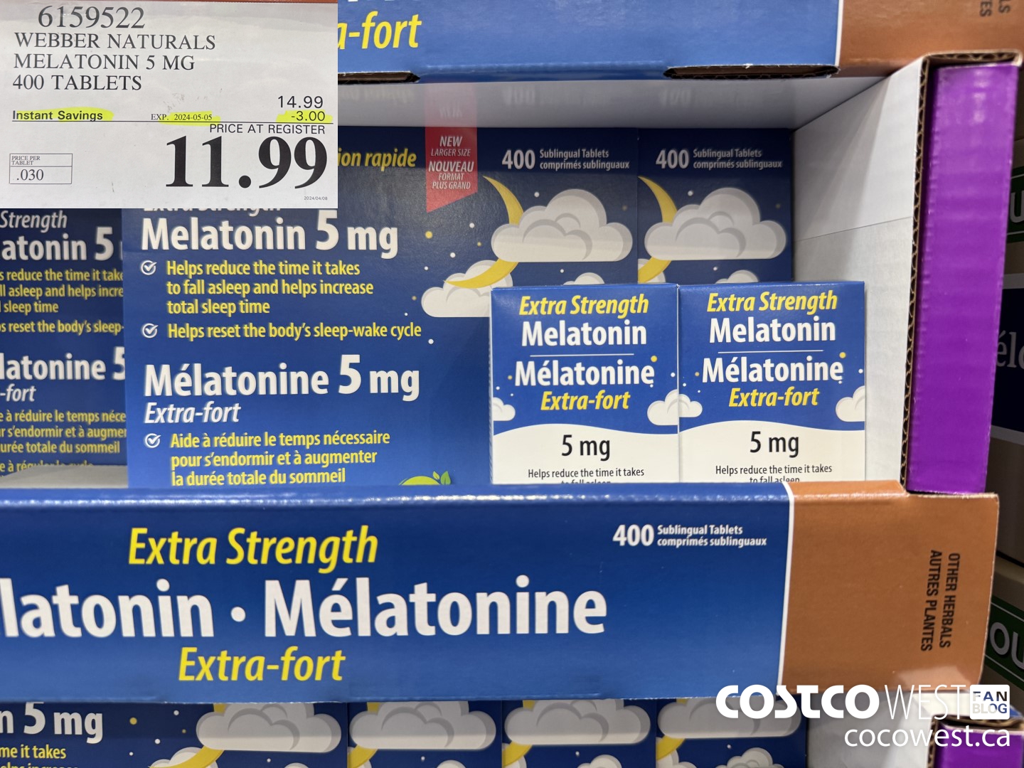 6159522 WEBBER NATURALS MELATONIN 5 MG 400 TABLETS ($3.00 INSTANT SAVINGS EXPIRES ON 2024-05-05) $11.99