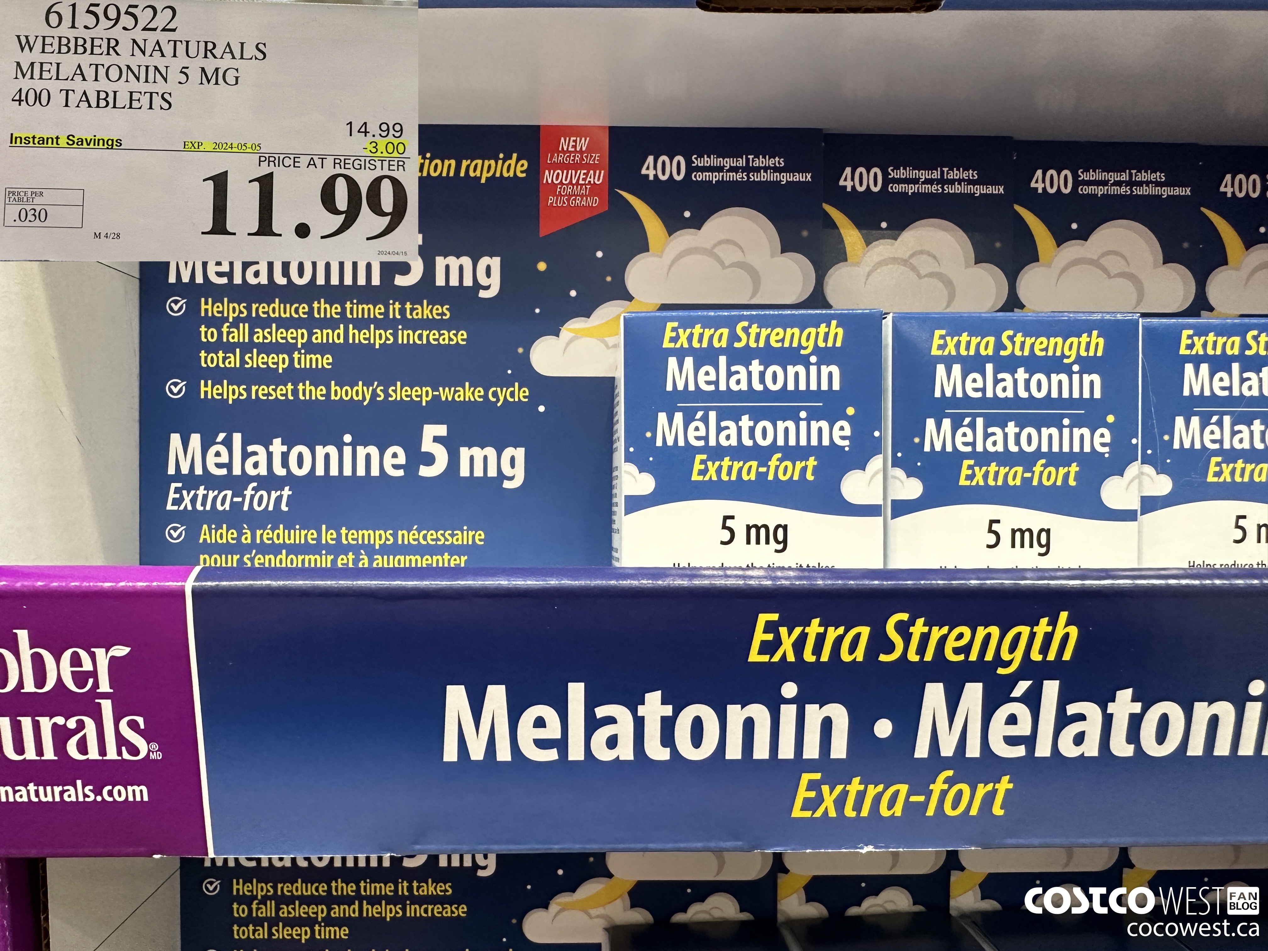 6159522 WEBBER NATURALS MELATONIN 5 MG 400 TABLETS ($3.00 INSTANT SAVINGS EXPIRES ON 2024-05-05) $11.99