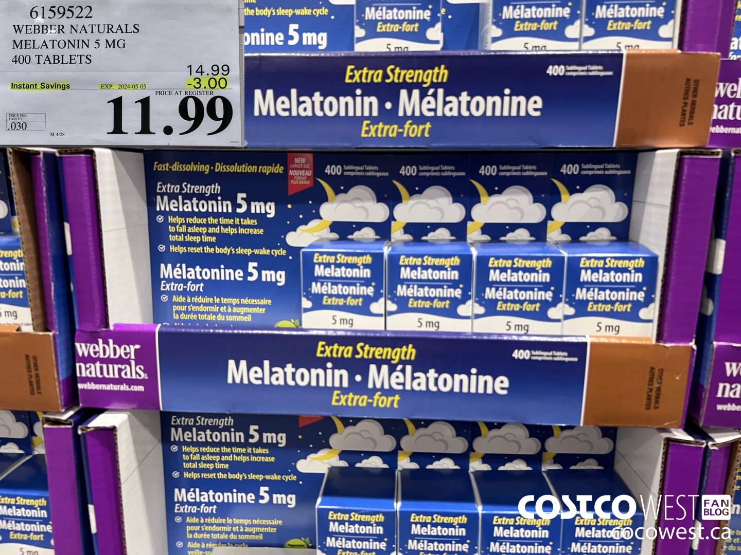6159522 WEBBER NATURALS MELATONIN 5 MG 400 TABLETS ($3.00 INSTANT SAVINGS EXPIRES ON 2024-05-05) $11.99