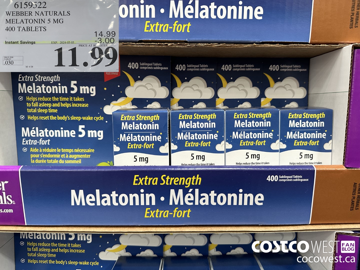 6159522 WEBBER NATURALS MELATONIN 5 MG 400 TABLETS ($3.00 INSTANT SAVINGS EXPIRES ON 2024-05-05) $11.99