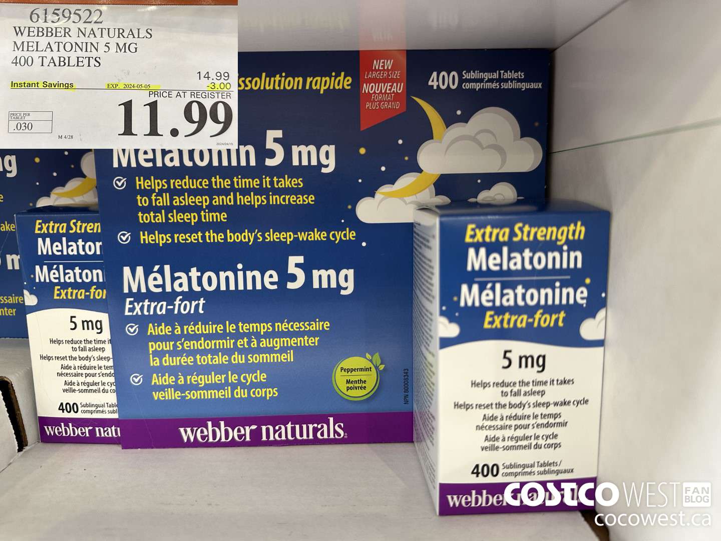 6159522 WEBBER NATURALS MELATONIN 5 MG 400 TABLETS ($3.00 INSTANT SAVINGS EXPIRES ON 2024-05-05) $11.99