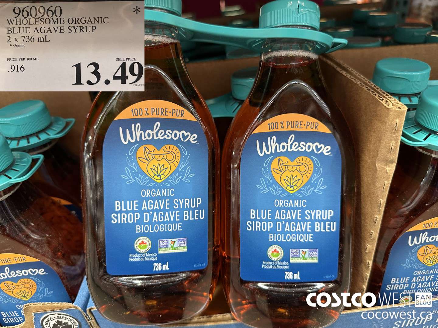 960960 WHOLESOME BLUE AGAVE SYRUP 2 x 736 mL $13.49