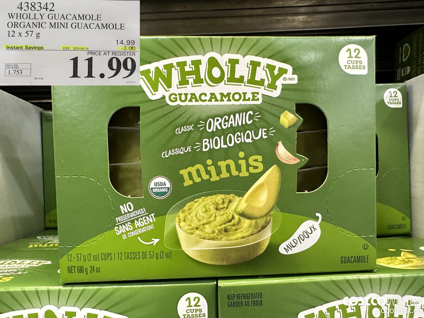 438342 WHOLLY GUACAMOLE ORGANIC MINI GUACAMOLE 12 x 57 g ($3.00 INSTANT SAVINGS EXPIRES ON 2024-04-14) $11.99