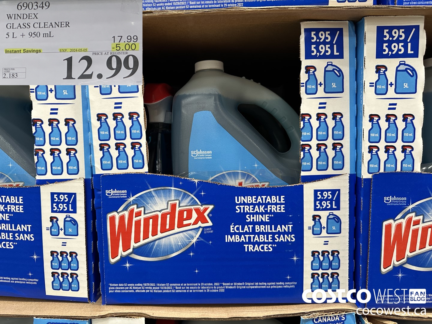 690349 WINDEX GLASS CLEANER 5L + 950ML ($5.00 INSTANT SAVINGS EXPIRES ON 2024-05-05) $12.99