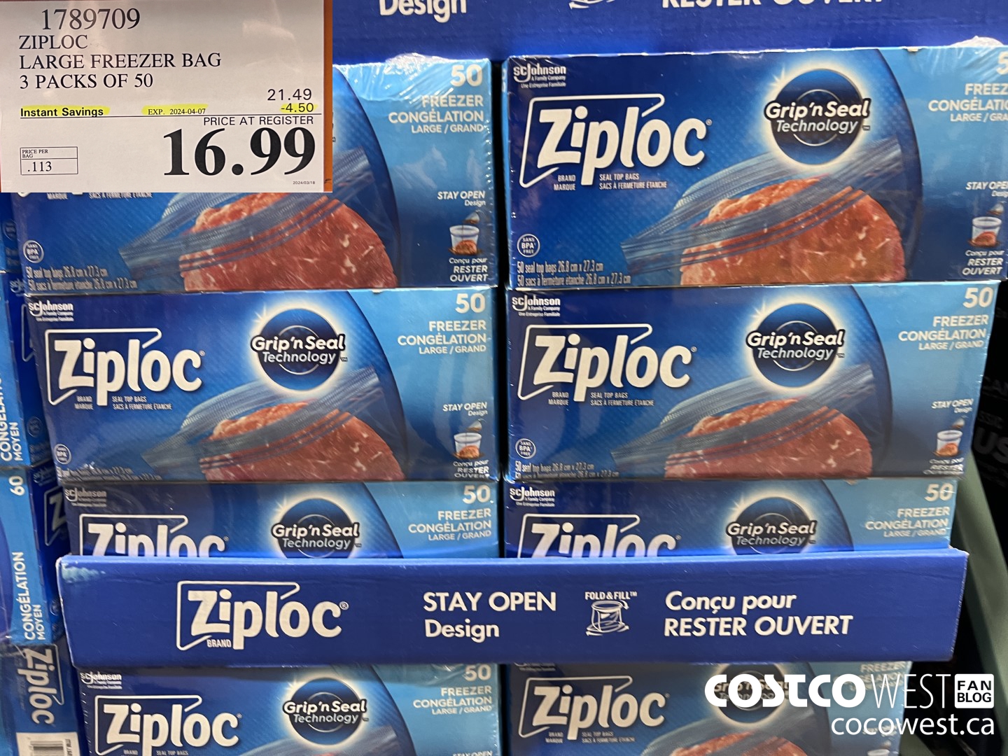 1789709 ZIPLOC LARGE FREEZER BAG 3 X 50 ($4.50 INSTANT SAVINGS EXPIRES ON 2024-04-07) $16.99
