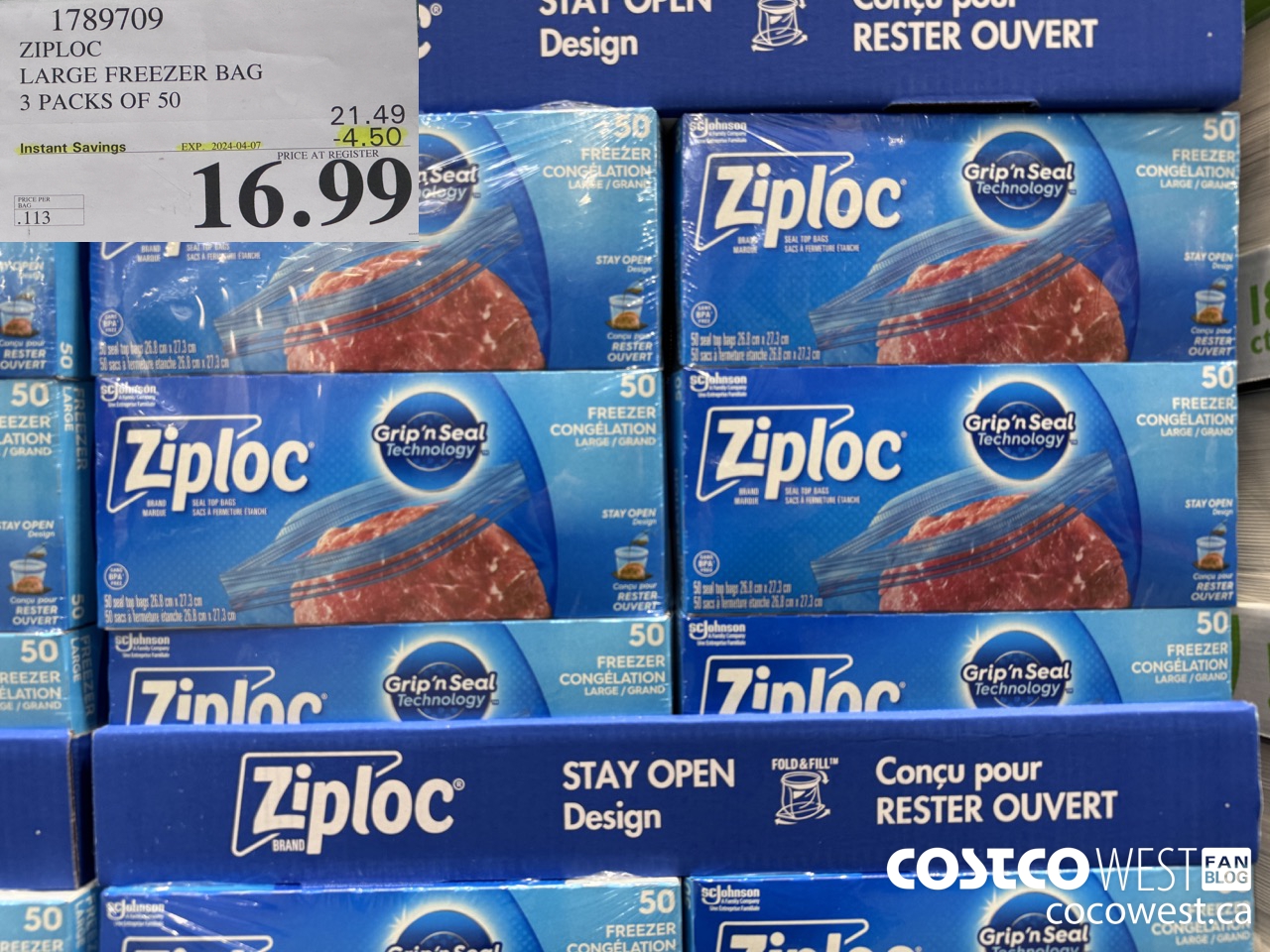 1789709 ZIPLOC LARGE FREEZER BAG 3 X 50 ($4.50 INSTANT SAVINGS EXPIRES ON 2024-04-07) $16.99