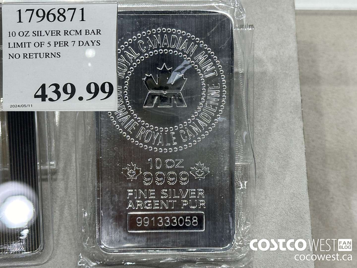 1796871 10 OZ SILVER RCM BAR LIMIT OF 5 PER 7 DAYS NO RETURNS  $439.99